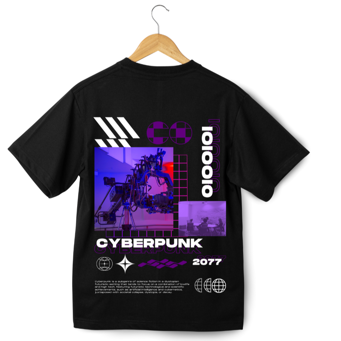 Men's Black Cyberpunk Graphic Printed Oversized T-shirt