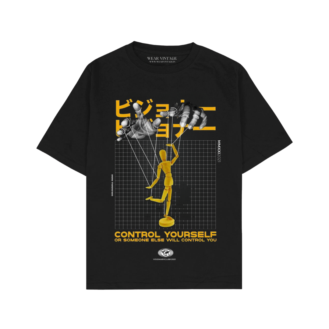 Men's Pure Cotton Oversize Fit Half Sleeves Aesthetic Graphic Printed Black T-Shirt