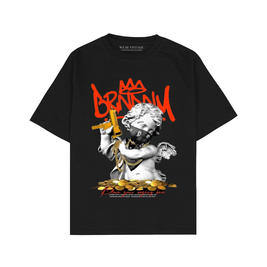 Men's Pure Cotton Oversize Fit Half Sleeves Aesthetic Graphic Printed Black T-Shirt